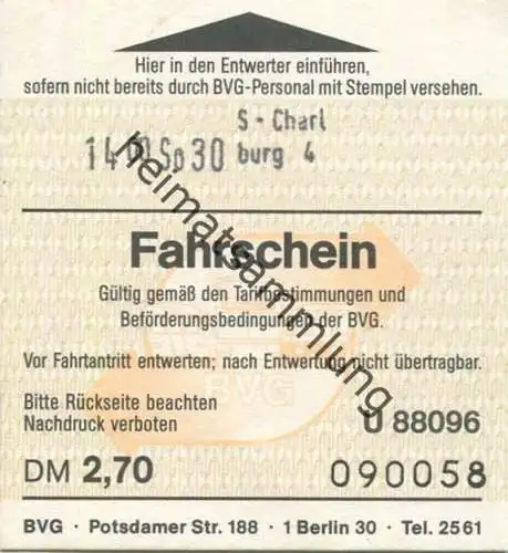 Deutschland - Berlin - BVG - Fahrschein - Fahrpreis DM 2,70 1988
