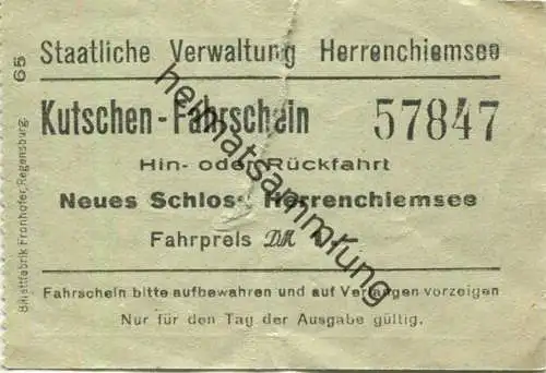 Deutschland - Staatliche Verwaltung Herrenchiemsee - Kutschen-Fahrschein - Neues Schloss Herrenchiemsee - Hin- und Rückf