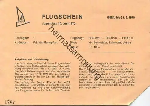 Schweiz - Flugschein - Jugendtag 10. Juni 1970 - Abflugort Schupfart
