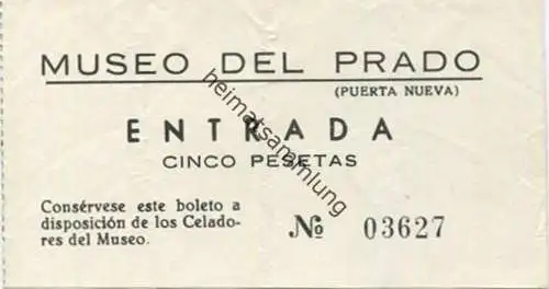 Spanien - Madrid - Museo del Prado (Puerta Nueva) Entrada cinco Pesetas - Eintrittskarte