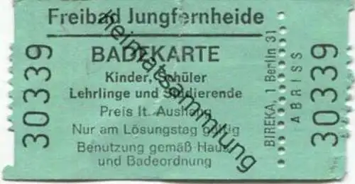 Deutschland - Berlin - Freibad Jungfernheide - Badekarte - Schüler