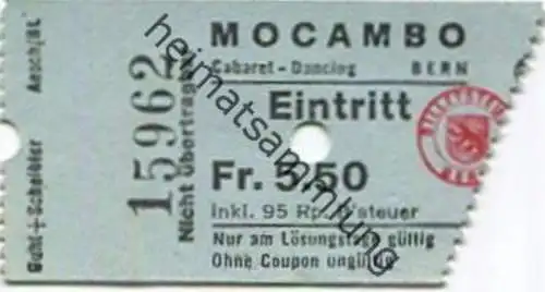 Schweiz - Berne - Mocambo Dancing Cabaret - Eintrittskarte