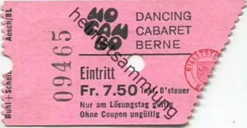 Schweiz - Berne - Mocambo Dancing Cabaret - Eintrittskarte