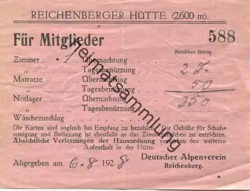 Österreich Tirol - Reichenberger Hütte (2600m) - Rechnung für eine Übernachtung 1928 - Für Mitglieder - Deutscher Alpenv