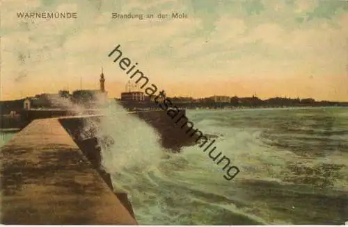 Warnemünde - Brandung an der Mole - Verlag Hch. Lenz Wiesbaden gel. 1910