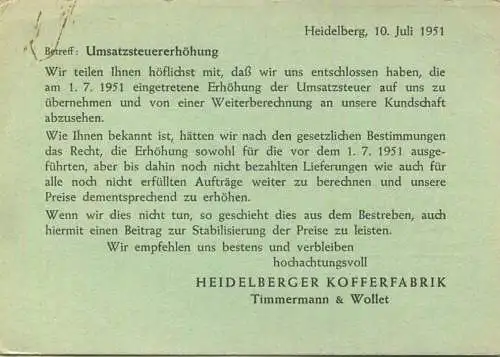 Heidelberg - Kofferfabrik Timmermann & Wollet - Übernahme der Umsatzsteuererhöhung gel. 1951