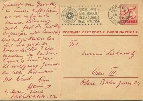 Postkarte - Maschinenstempel Fussballweltmeisterschaft 1954
