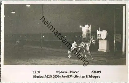 Trabrennen - Hofdame Rennen - Gladyrus - Fahrer Heinz Witt - Besitzer R. Scharpey - Foto-AK 09.01.1958