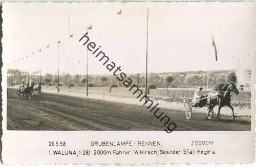 Trabrennen - Grubenlampe Rennen - Waluna - Fahrer W. Hirsch - Besitzer Stall Regina - Foto-AK 26.05.1958