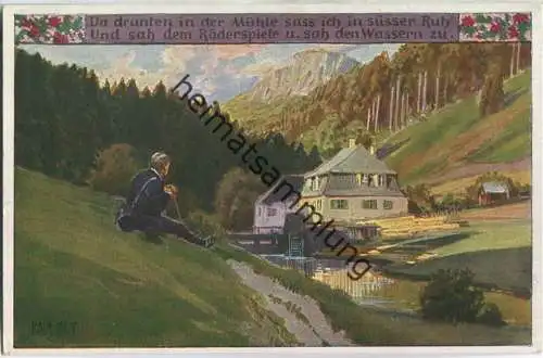Paul Hey - Volksliederkarte Nr. 68 - Da drunten in der Mühle - Künstlerkarte 20er Jahre