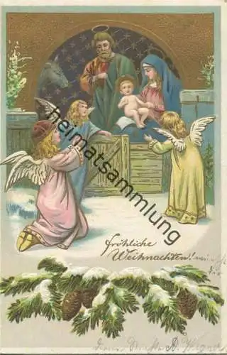 Weihnachten - Heilige Familie - Engel - Prägedruck gel. 1905