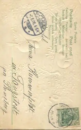 Pfingsten - Fütterung der Blaumeisen - Prägedruck gel. 1906