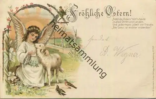 Fröhliche Ostern - Engel - Schaf - Vögel - Glimmer - Verlag Röpke & Woortmann Hamburg gel. 1904