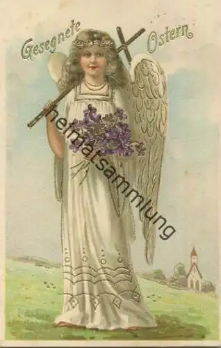 Gesegnete Ostern - Engel mit Blumen und Kreuz - Goldprägedruck gel. 1909