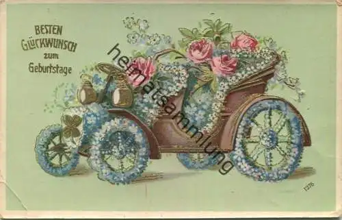 Geburtstag - Blumen - Auto - Prägedruck - gel. 1912