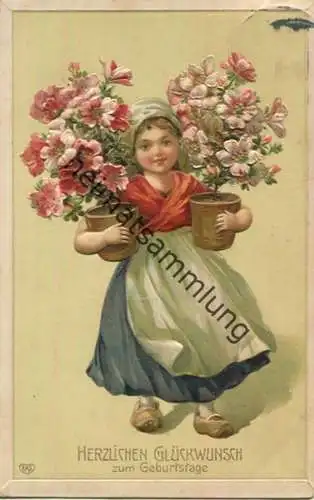 Geburtstag - Mädchen mit Blumentöpfen - Prägedruck gel. 1911