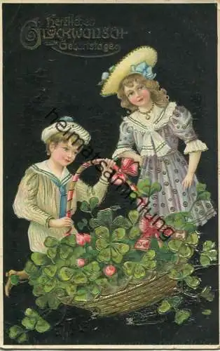 Geburtstag - Kinder mit Korb voller Glücksklee - Prägedruck - gel. 1910