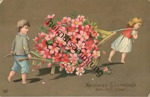 Geburtstag - Kinder - Schubkarre - Blumen - gel. 1909