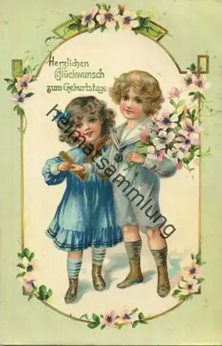 Geburtstag - zwei Kinder mit Blumen gel. 1908