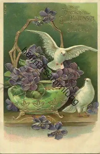Geburtstag - Veilchen - Tauben - Prägedruck gel. 1908