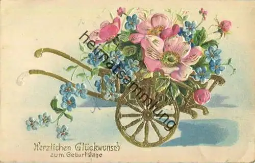 Geburtstag - Leiterwagen mit Blumen - Prägedruck - gel. 1909