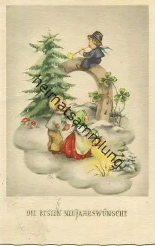 Neujahrswünsche Kinder im Schnee - signiert Di gel. 1954