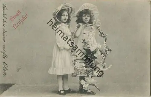 Neujahr - Kinder mit Blumenkorb gel. 1907