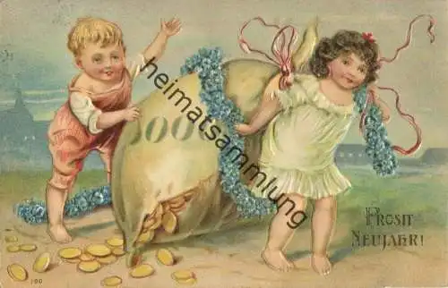 Neujahr - Kinder mit Goldsack - Prägedruck gel. 1907
