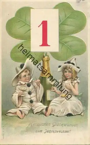 Neujahr - Kinder im Pierrot-Kostüm - Prägedruck - Rückseite beschrieben