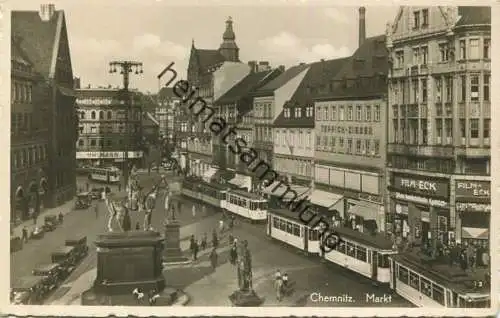 Chemnitz - Markt - Strassenbahn - Foto-AK 30er Jahre - Verlag Lindner & Hoche Chemnitz - Rückseite beschrieben 1989