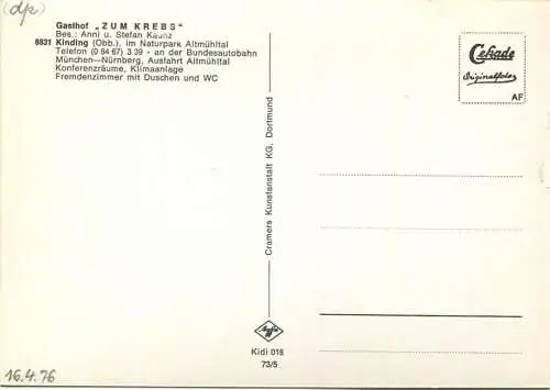 Kinding - Gasthof zum Krebs - Bes. Anni und Stefan Kaunz - Foto-AK Grossformat - Cramers Kunstanstalt Dortmund