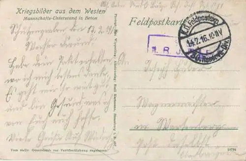 Mannschafts-Unterstand in Beton - Kriegsbilder aus dem Westen - Verlag Emil Hartmann Strassburg - Feldpost gel. 1916