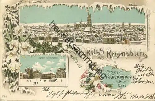 Regensburg - Winterlithographie - Neujahrskarte - Verlag Gebr. Metz Tübingen gel. 1898