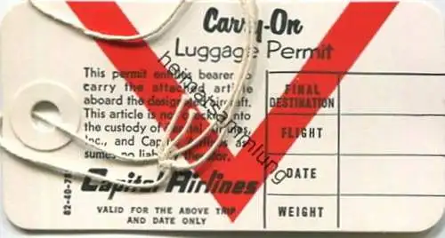 Baggage strap tag - Gepäckanhänger - Carry-On Luggage Permit - Handgepäck - Capital Airlines