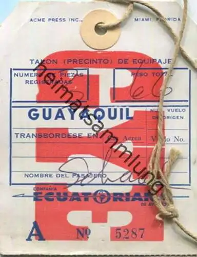 Baggage strap tag - Gepäckanhänger - Ecuatoriana de Aviación - Guayaquil