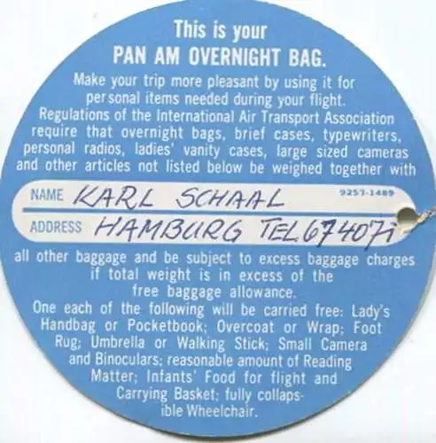 Baggage strap tag - Anhänger Overnight bag - Pan Am