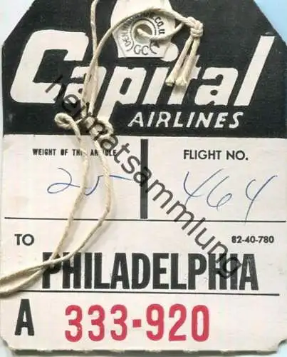 Baggage strap tag - Gepäckanhänger - Capital Airlines - Philadelphia