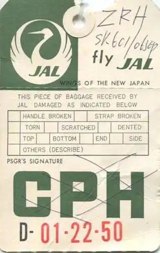 Baggage strap tag - Gepäckanhänger - Japan Air Lines Zürich