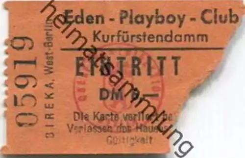 Deutschland - Berlin Kurfürstendamm - Eden Playboy Club - Rolf Eden - Eintrittskarte