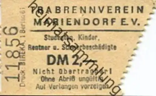 Deutschland - Berlin - Trabrennverein Mariendorf e.V. - Eintrittskarte Studenten Kinder Rentner und Schwerbeschädigte