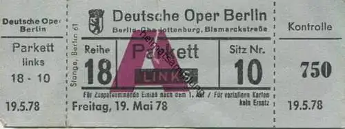 Deutschland - Berlin-Charlottenburg Bismarckstraße - Deutsche Oper - Eintrittskarte 1978