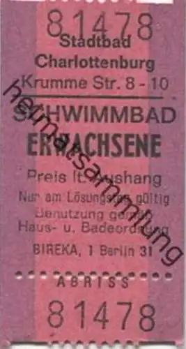 Deutschland - Berlin Charlottenburg Stadtbad - Krumme Strasse - Eintrittskarte Schwimmbad Erwachsene