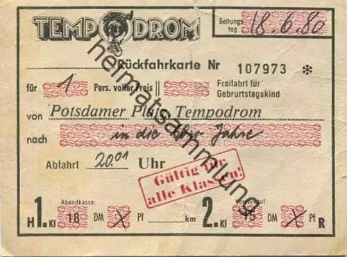 Deutschland - Berlin - Tempodrom - von Potsdamer Platz in die 60er Jahre - Eintrittskarte 18.06.1980
