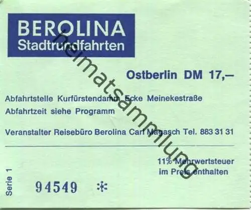 Deutschland - Berlin - Berolina Stadtrundfahrten - Reisebüro Carl Magasch - Fahrkarte Ostberlin