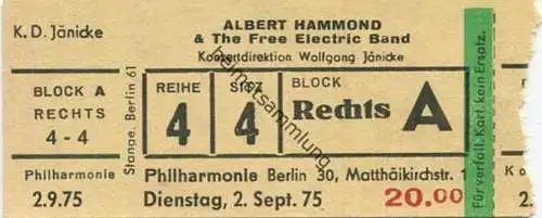 Deutschland - Berlin - Philharmonie 1975 Albert Hammond & The Free Electric Band - Eintrittskarte