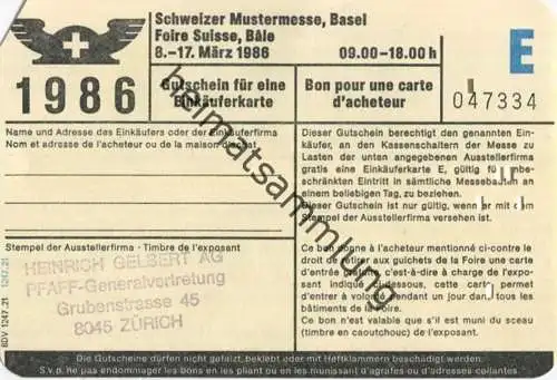 Schweiz - Schweizer Mustermesse Basel - Gutschein für eine Einkäuferkarte 1986