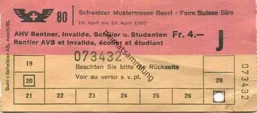 Schweiz - Schweizer Mustermesse Basel - Tageskarte AHV Rentner Invalide Schüler und Studenten 1980