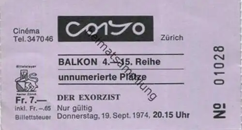 Schweiz - Zürich Cinema Corso - Der Exorzist - Kinokarte 1974