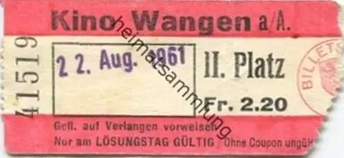 Schweiz - Kino Wangen an der Aare - Kinokarte 1961