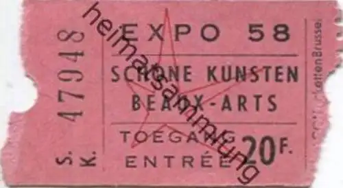 Belgien - Exposition de Bruxelles EXPO 58 - Schone Kunsten Beaux-Arts - Eintrittskarte 1958